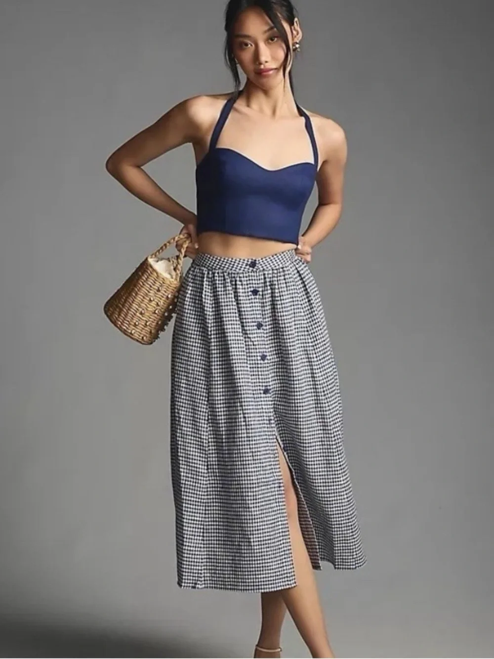 REFORMATION Orzo 100% Linen Halter Crop Top in Challah Navy Blue NWOT - Picture 2 of 6